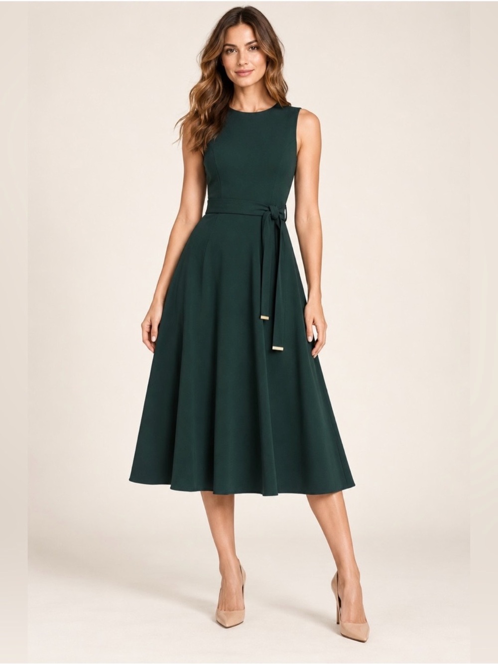 Sleeveless Dark Green Fit & Flare Dress with Waist Tie